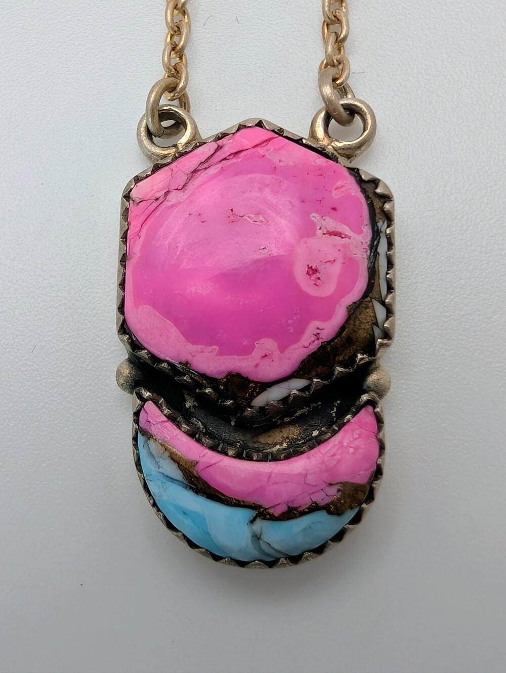 Cotton Candy Turquoise S925 Sterling Silver Gemstone Hexagon Moon Necklace